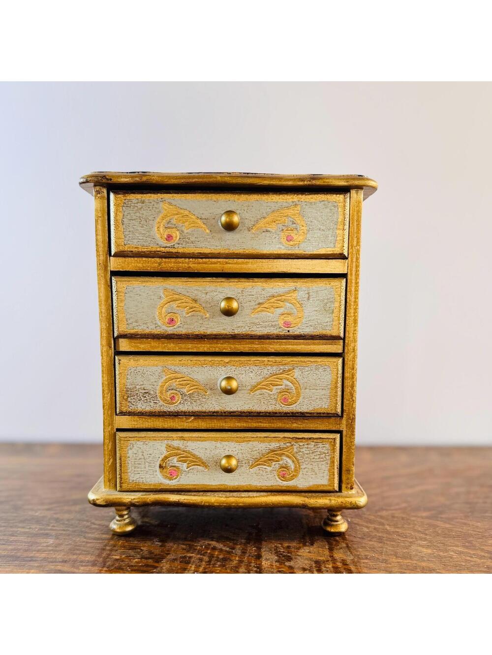 Vintage Mele Florentine Music Jewelry Box – Gold & Cream, Red Velvet Lining